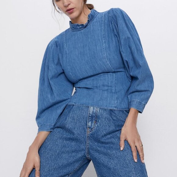 Zara NWT Denim Peasant Blouse - Picture 4 of 9